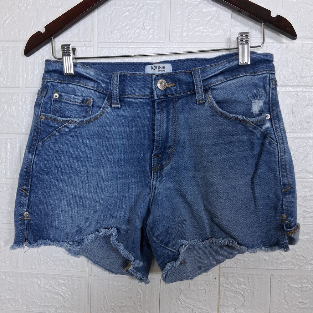 Kensie Jeans Vintage Luxe 4/27 Distressed High Rise Denim Shorts Raw Hem